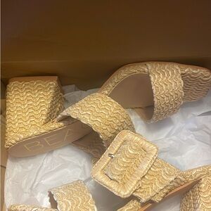 Tan Woven Mules with Basket-Weave Design